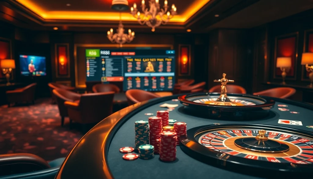 Engaging gamblers with a vibrant casino scene at https://rr88.navy/, featuring roulette wheels and poker chips.