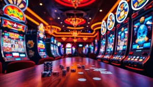 Pemain yang menikmati mesin slot pulsa dalam suasana kasino yang hidup.