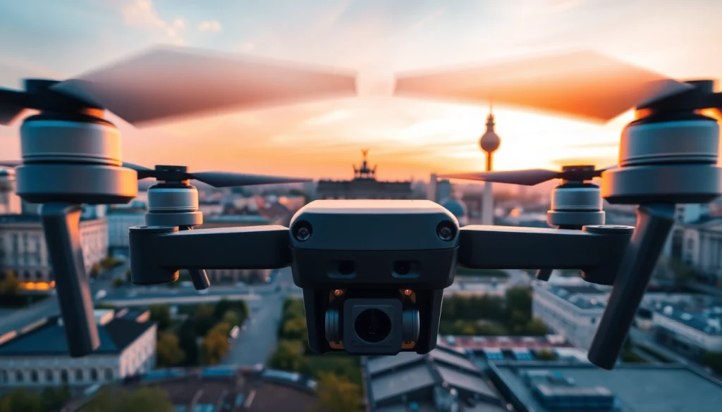 Drohnenvideos Berlin: Professionelles Drohnenvideo von der Berliner Skyline bei Sonnenuntergang.