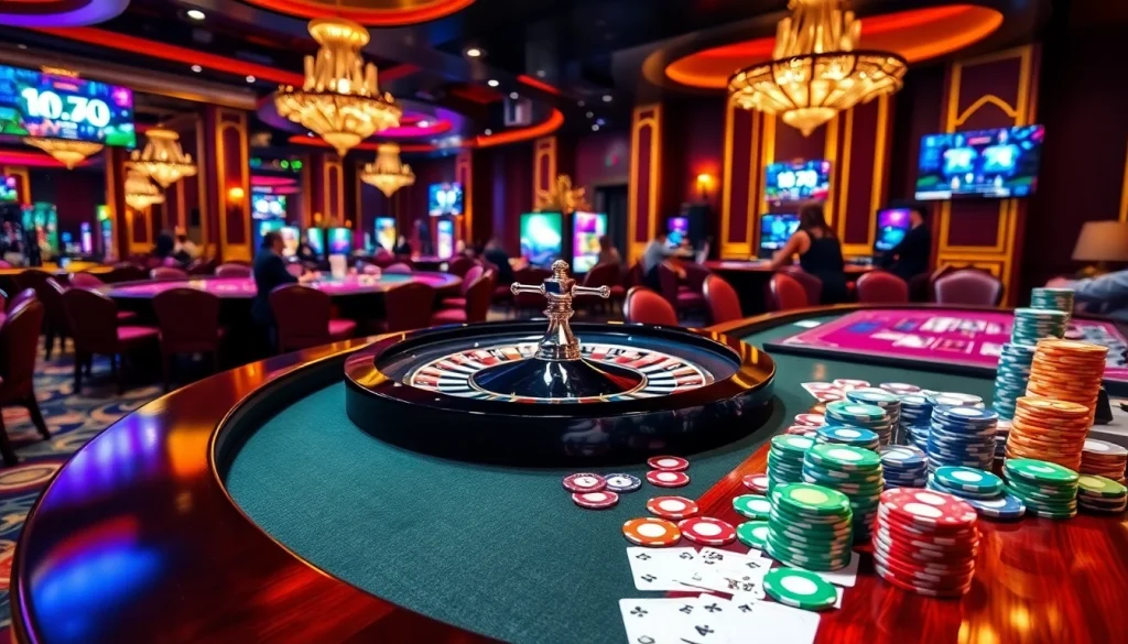 Engage in exciting רמי אונליין gameplay at a luxurious casino table filled with vibrant poker chips and cards.