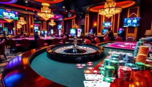 Engage in exciting רמי אונליין gameplay at a luxurious casino table filled with vibrant poker chips and cards.
