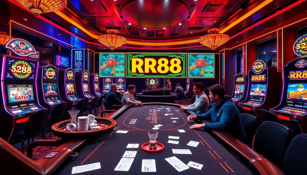 Experience the thrill of RR88 gaming with casino tables and vibrant slot machines.