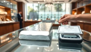 Silberankauf am modernen Schmuckgeschäft mit glänzenden Silberbarren.