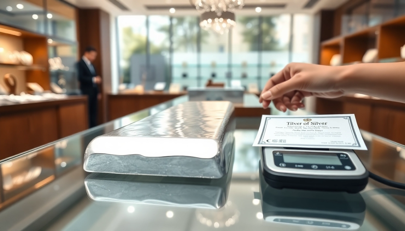 Silberankauf am modernen Schmuckgeschäft mit glänzenden Silberbarren.