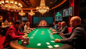 Experience intense gameplay at an onicplay poker table in a luxurious casino setting.