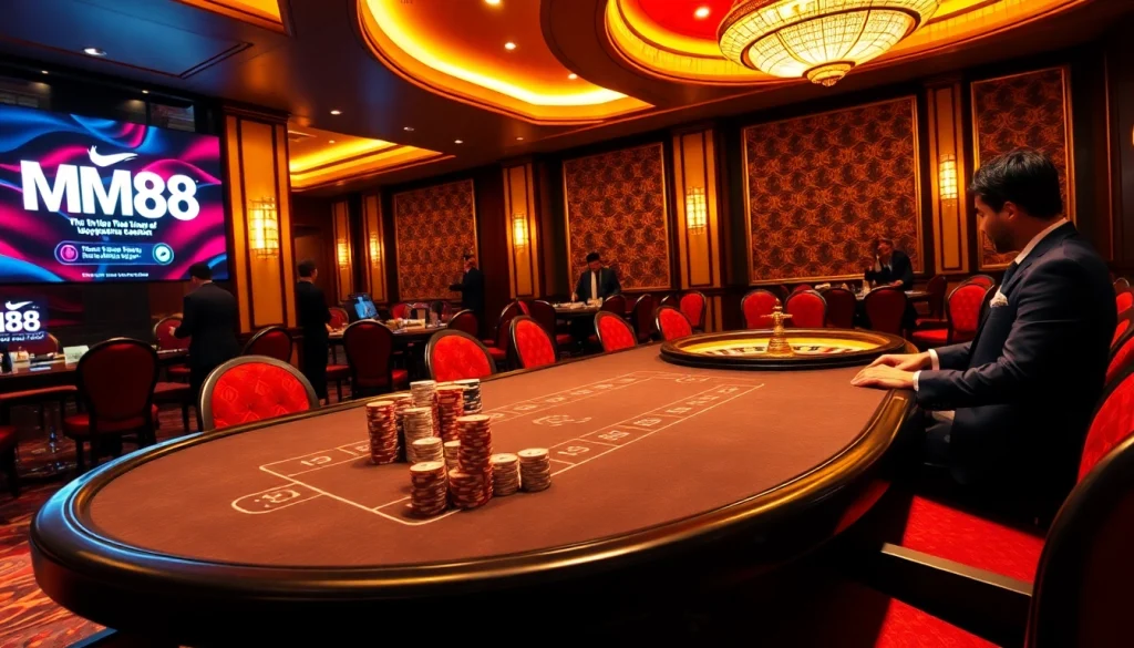 Experience the excitement at MM88's luxurious casino with a poker table and roulette wheel.