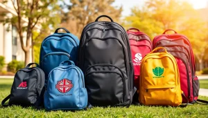 Individualizuotos kuprinės su logotipo spauda rodomos ryškiame lauko fone, demonstruodamos prekės ženklo pasirinkimus.