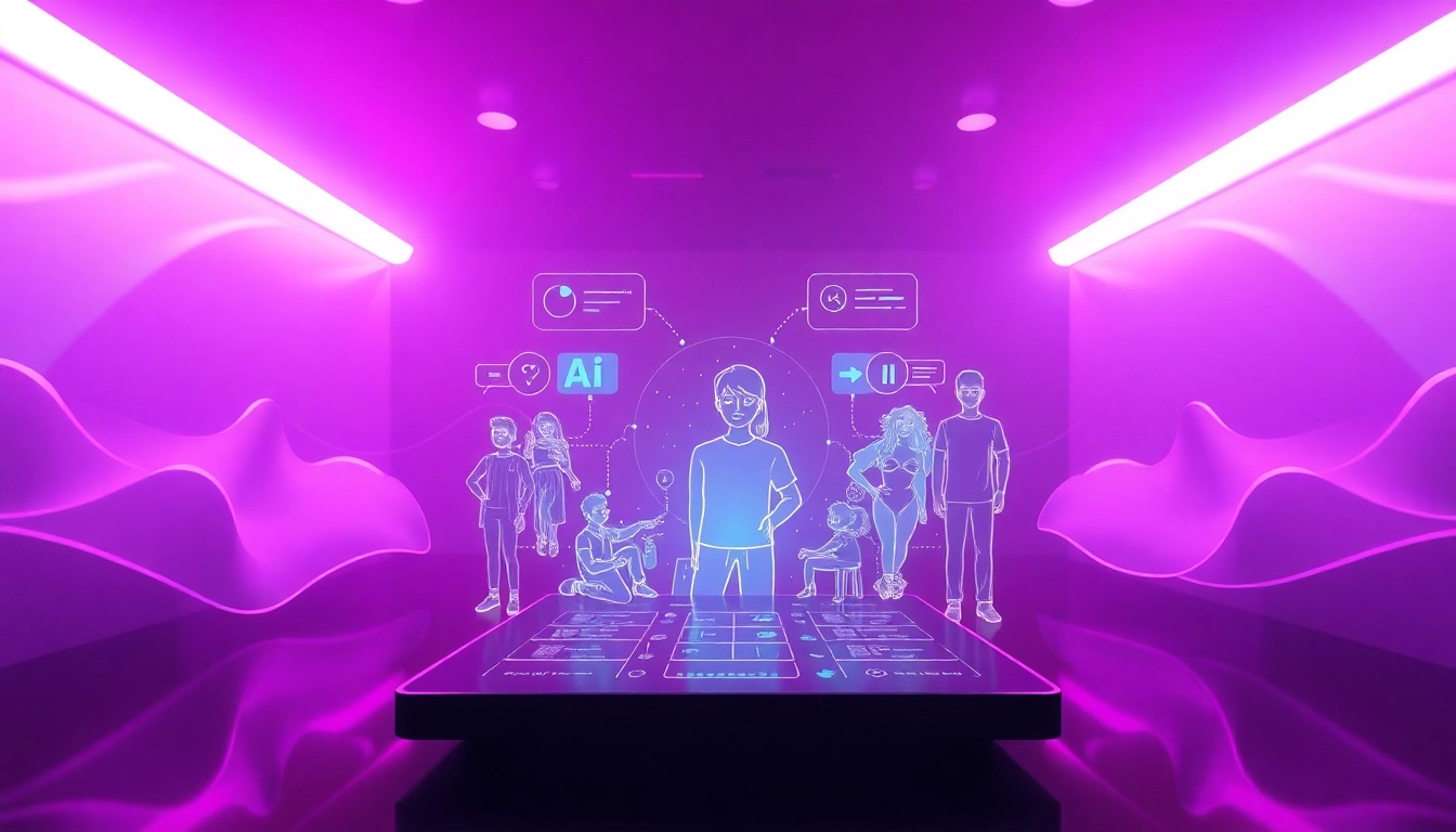 Stunning NSFW AI digital interface showcasing diverse avatars in a futuristic setting.