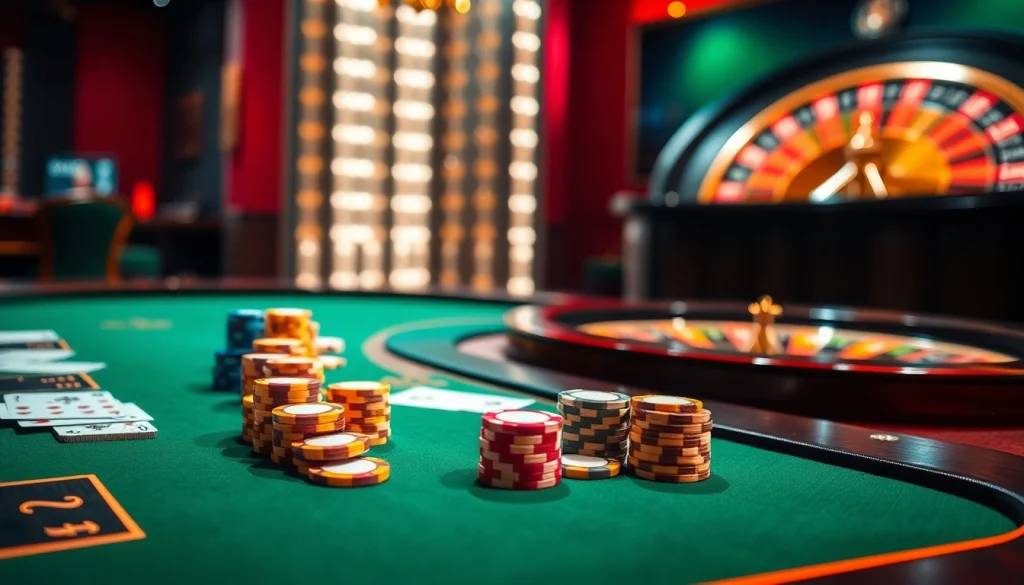 Engaging gambling scene at https://uu88ae.com/ with poker chips and a spinning roulette wheel.