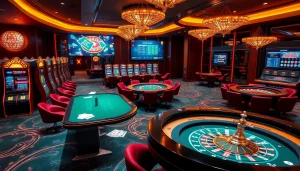 Experience the thrill of online gambling with BRABET's luxury casino atmosphere, featuring slot machines and card tables.