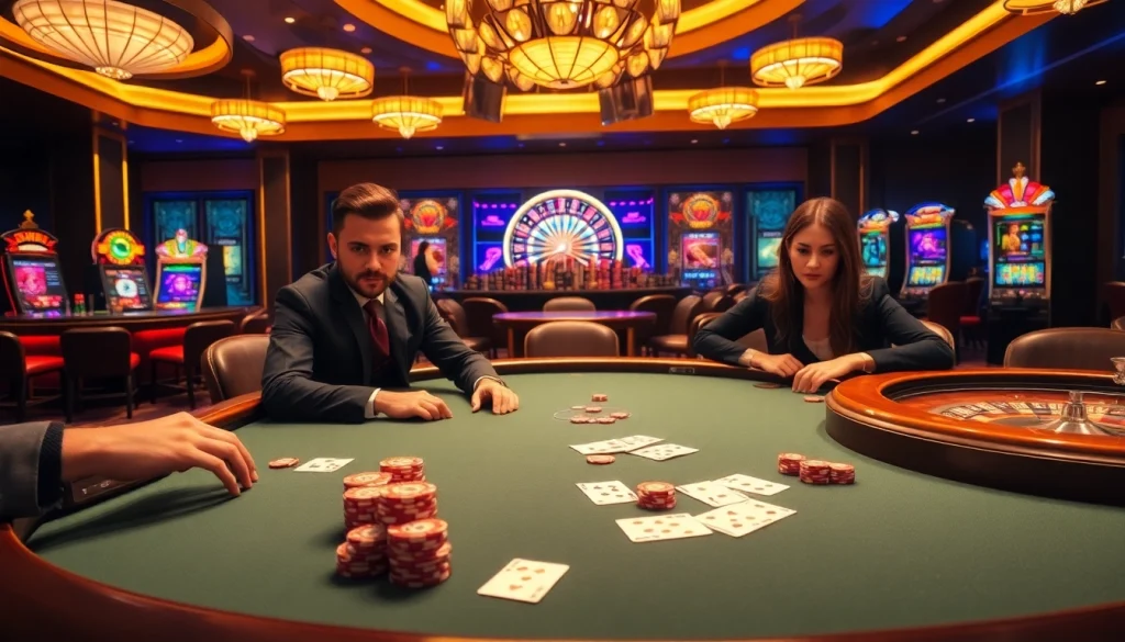 A dynamic poker game scene at a luxurious casino table featuring players, cards, and mmoo branding elements.