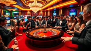 Experience the thrill of 88i with players enjoying roulette and slot machines in a luxurious casino setting.