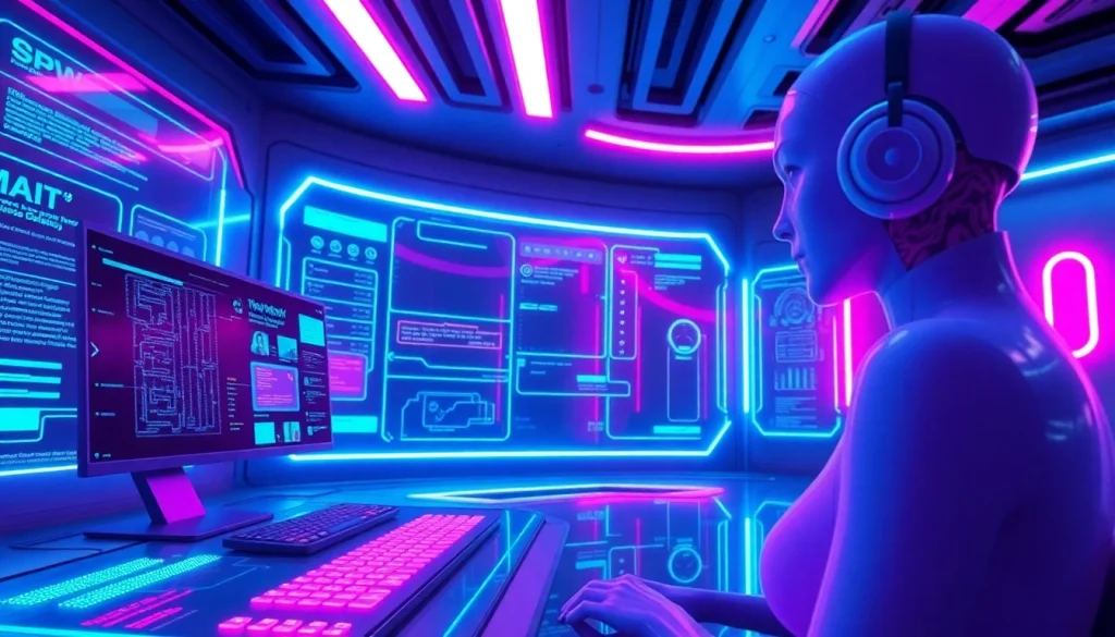 Engaging AI nsfw interface showcasing futuristic interactive chat elements and vibrant neon colors.