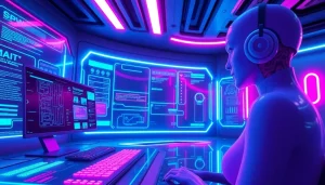 Engaging AI nsfw interface showcasing futuristic interactive chat elements and vibrant neon colors.