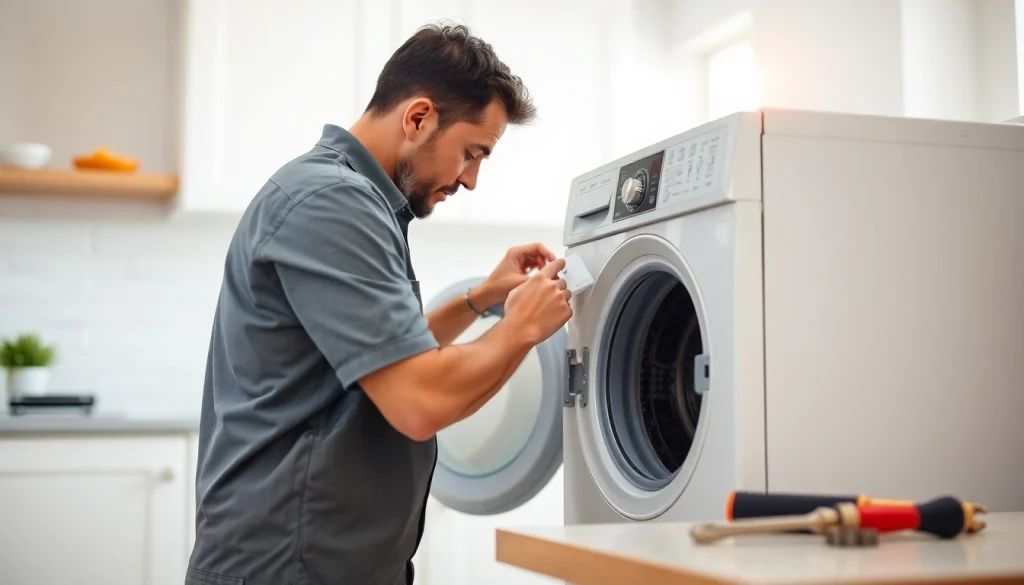 Technician providing appliance repair ottawa services on a washing machine in a bright kitchen.