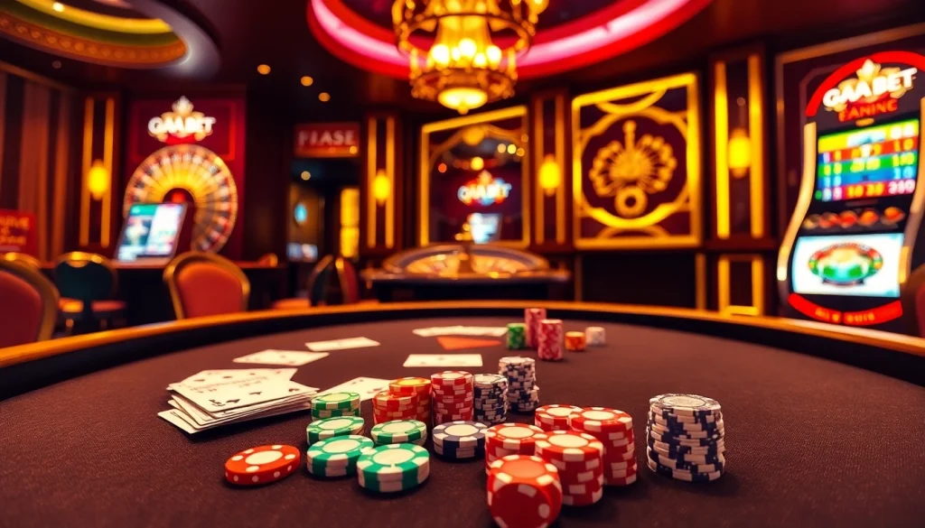 Engaging poker players strategizing at 388bet's luxurious gaming table with vibrant chips and cards.