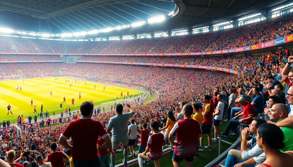 Exciting moment fromฟุตบอลคืนนี้ featuring a live soccer match with passionate fans in a stadium.