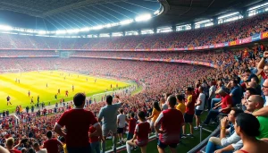 Exciting moment fromฟุตบอลคืนนี้ featuring a live soccer match with passionate fans in a stadium.