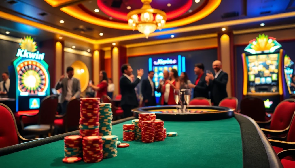 Kkwin casino scene with vibrant poker table, roulette wheel, and slot machines exuding excitement.