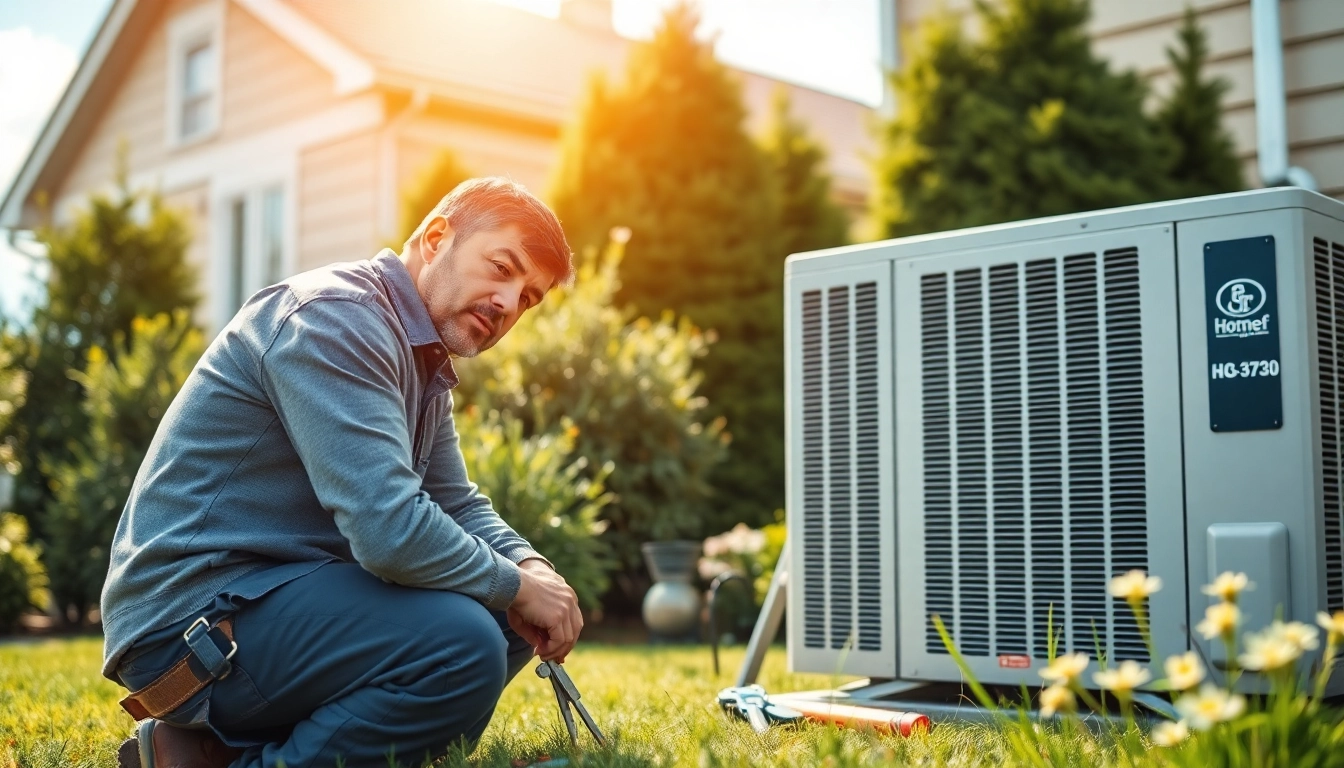 Heat pump installation expert inspecting a residential unit in a sunny garden setting.