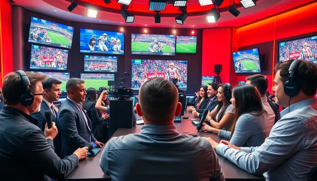 Engaging scene of sports broadcasting professionals reporting on live events in a vibrant studio.