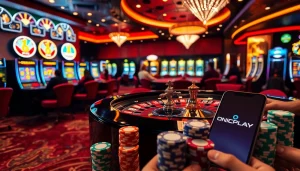 Experience excitement at an onicplay casino table with vibrant poker chips and roulette wheels.