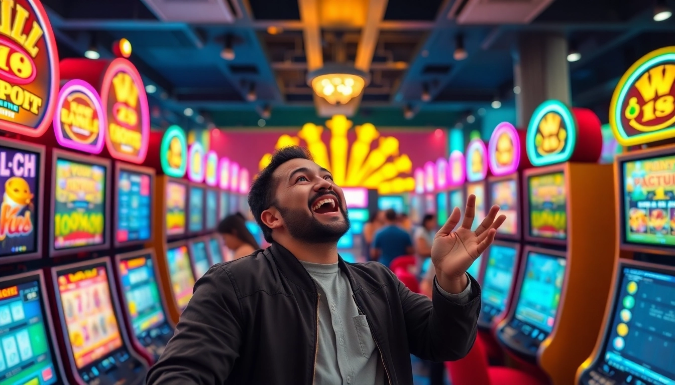 Menangkan slot depo 1k dengan pemain merayakan jackpot di ruang permainan yang ceria.