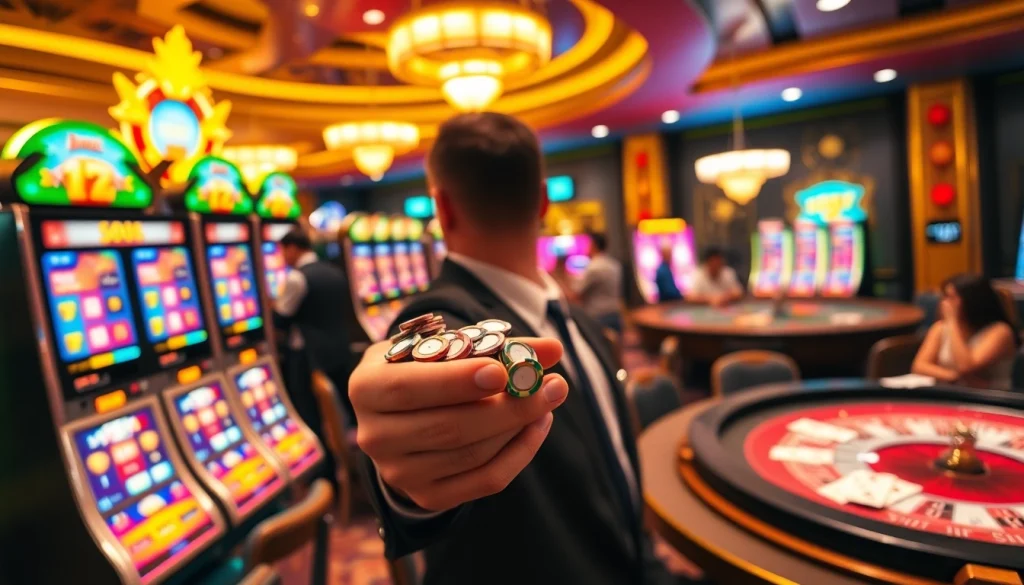 Experience the allure of slot depo 1k as players engage with vibrant slot machines in a luxury casino setting.