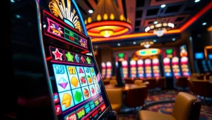 Menggambarkan slot online qqslot777 yang menarik dalam suasana kasino yang cerah dan enerjik.