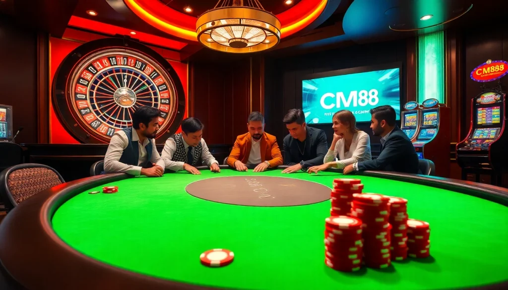 Experience thrilling casino action with CM88 at a luxurious poker table and vibrant slot machines.