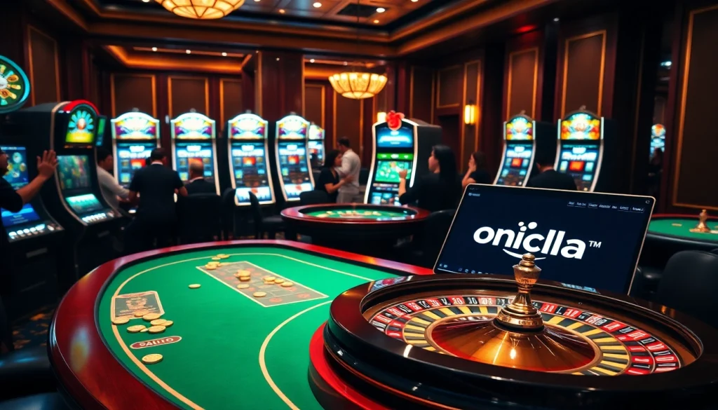 Gambling enthusiasts playing exciting games at an onicplay casino, showcasing vibrant slots and roulette.