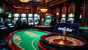 Gambling enthusiasts playing exciting games at an onicplay casino, showcasing vibrant slots and roulette.