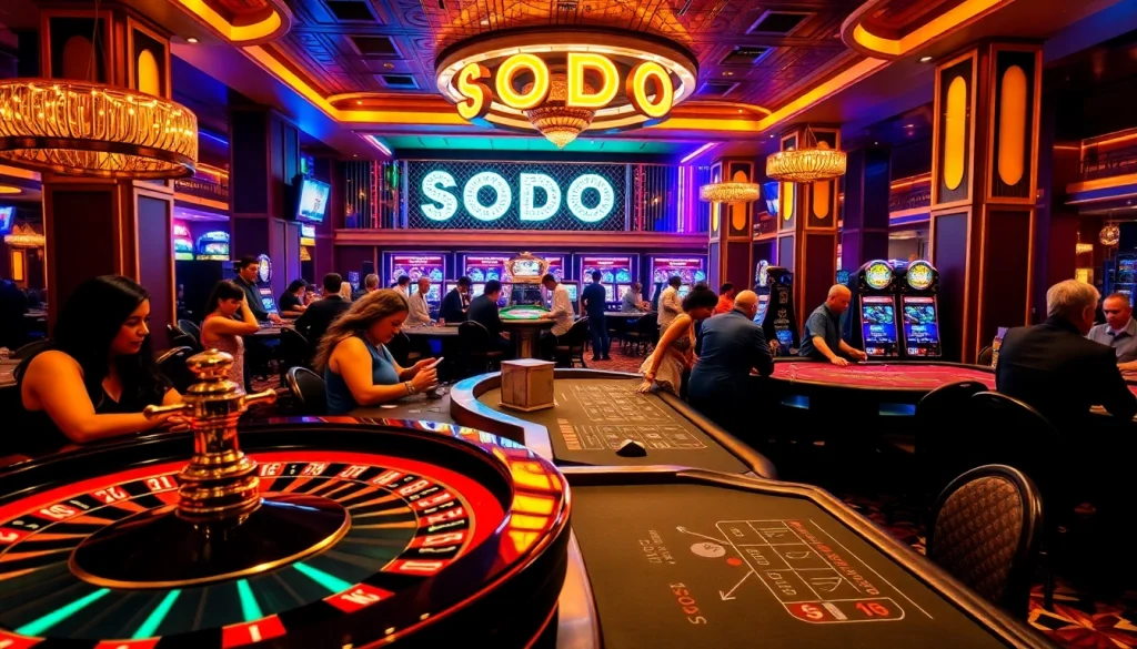 SODO casino scene with vibrant players focused on roulette and blackjack tables.