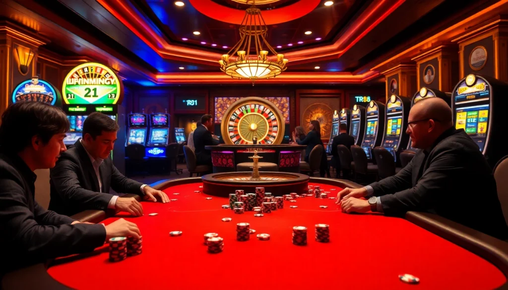 Players strategizing in an exciting poker game at a luxury casino featuring TR88 themes.