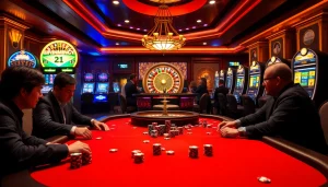Players strategizing in an exciting poker game at a luxury casino featuring TR88 themes.