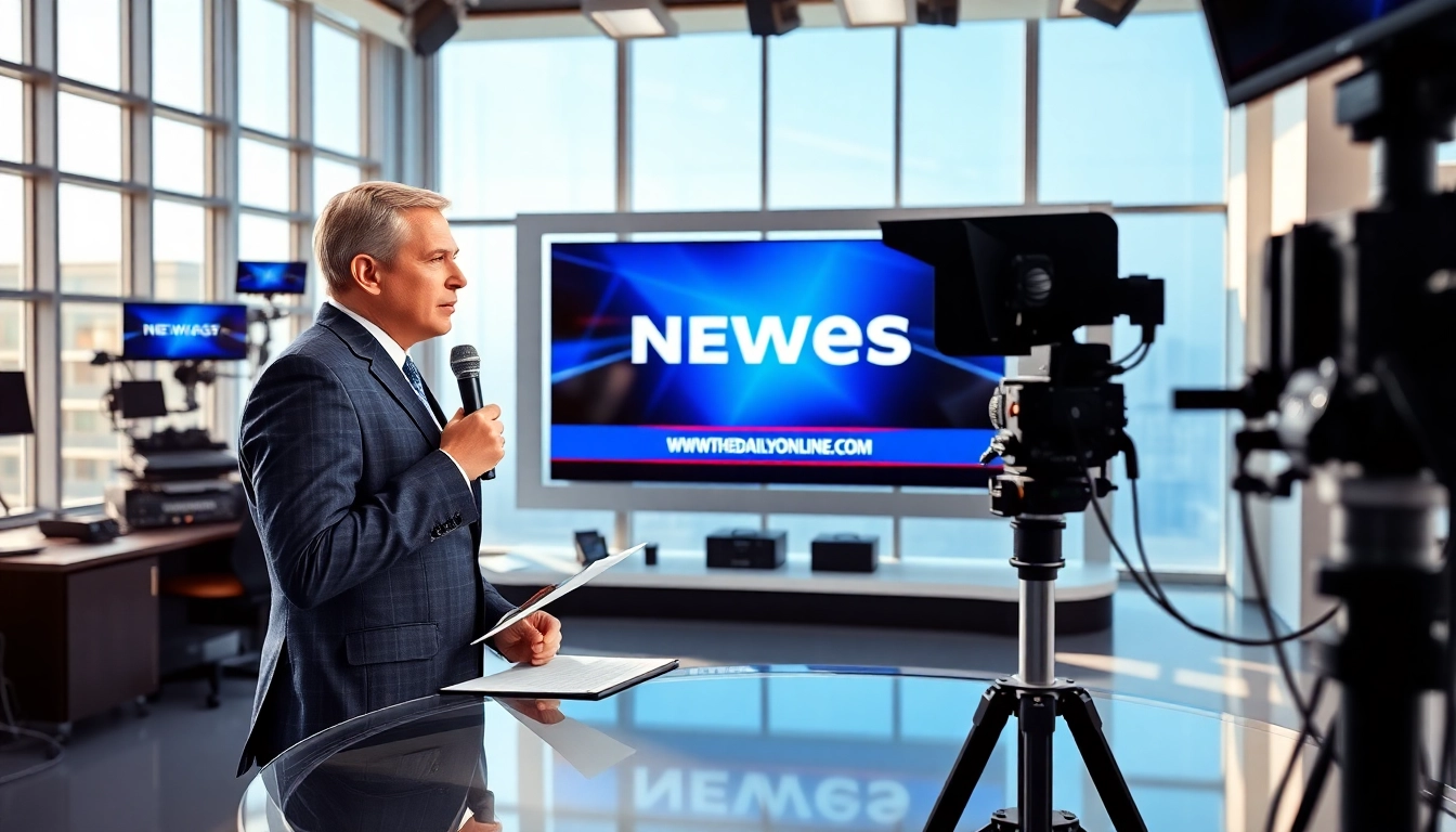 News anchor delivering live updates from https://www.thedailynewsonline.com in a vibrant newsroom.