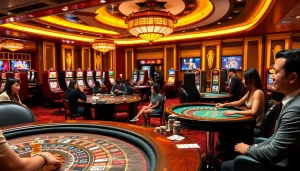 Players enjoying a competitive atmosphere at MM88 casino tables with vibrant games and luxurious decor.