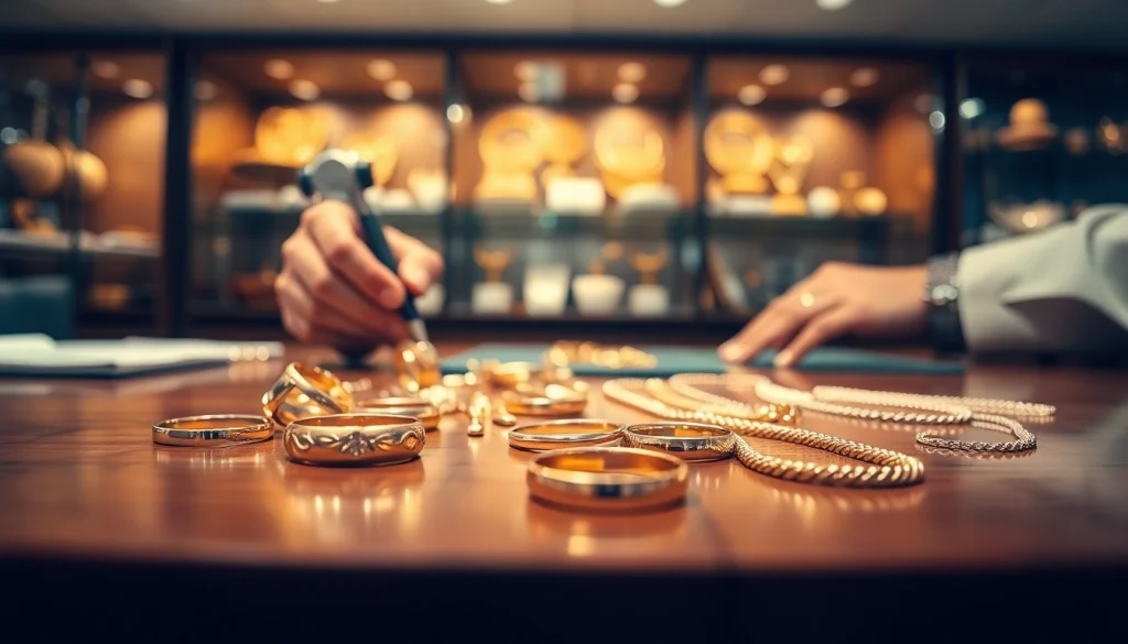 Hier Goldankauf: Fachmann inspiziert hochwertige Goldschmuckstücke auf einem eleganten Tisch.