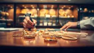 Hier Goldankauf: Fachmann inspiziert hochwertige Goldschmuckstücke auf einem eleganten Tisch.