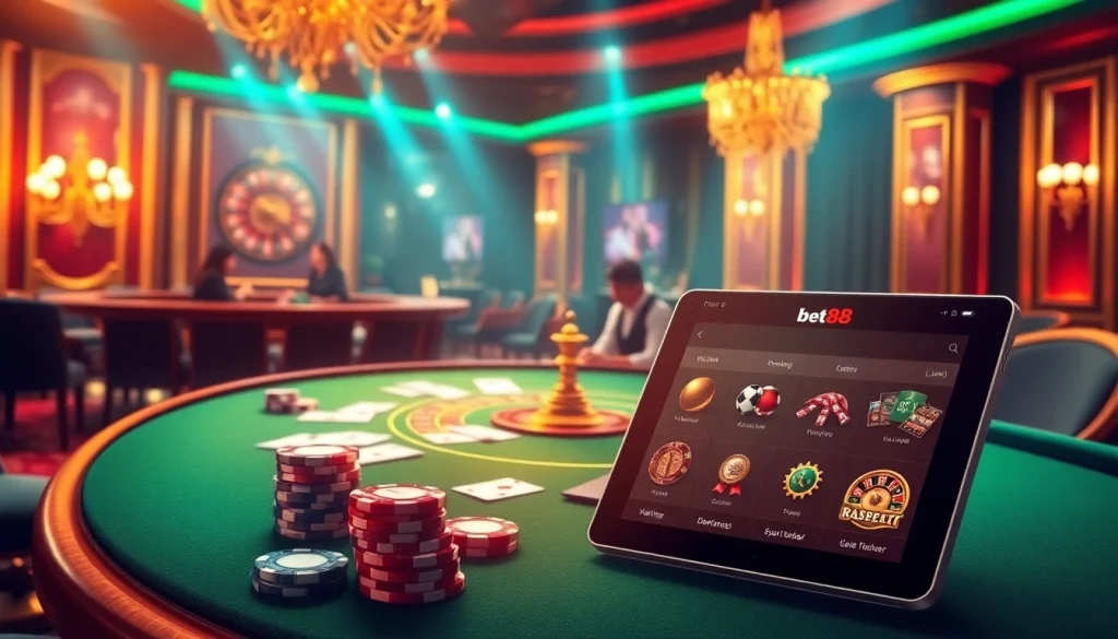 bet88 players enjoying a thrilling game with poker chips and roulette wheel in a luxurious casino setting.