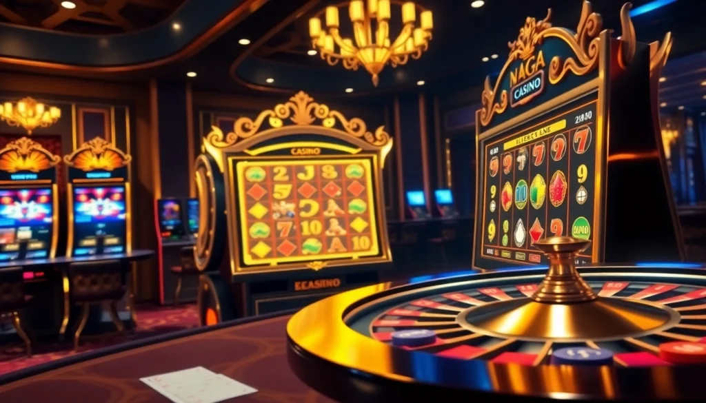 Naga169 aman slot machines and roulette displaying excitement in a secure online casino environment.