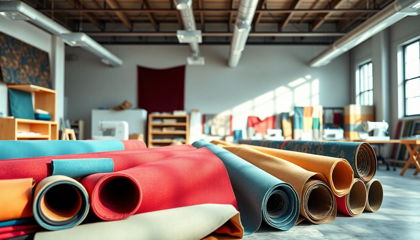 Verken moderne canvas stoffen met unieke kleuren en patronen in een creatieve werkruimte.