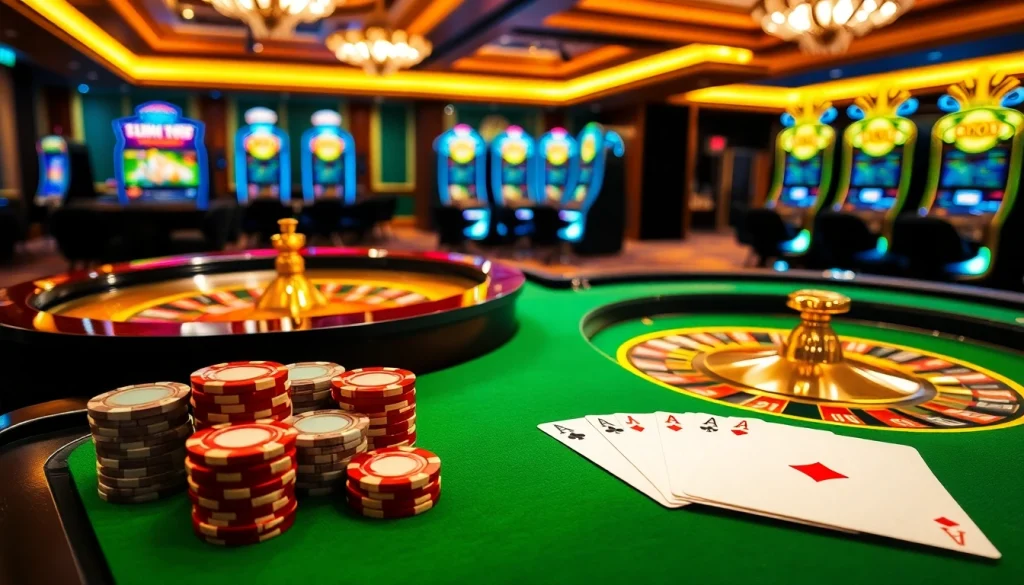 Experience thrilling gameplay at https://mm88.video/ with vibrant casino visuals showcasing roulette, poker chips, and slot machines.