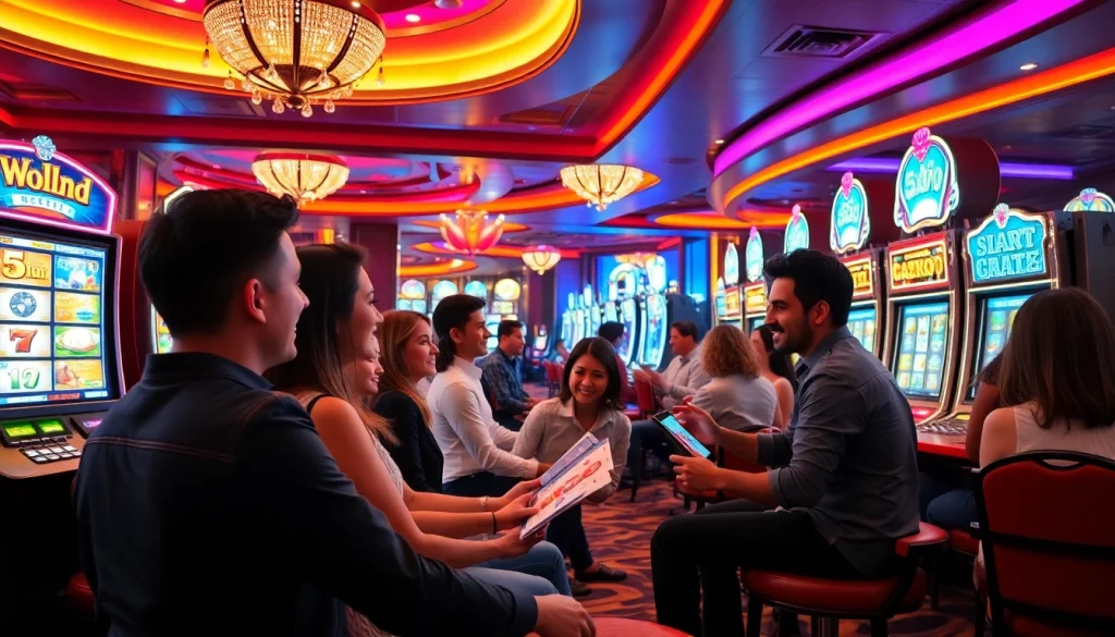 Players enjoying the thrill of slot depo 5k machines in a vibrant casino setting.