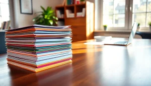 Filing documents organized in a professional workspace with colorful folders and bright lighting.
