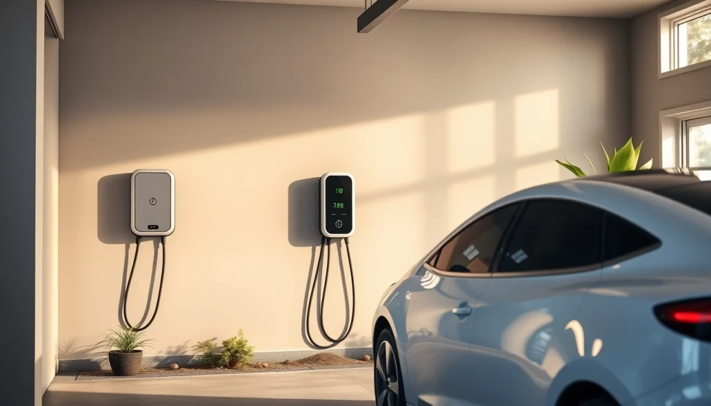 Home EV charger installed in an elegant garage with a modern electric vehicle.