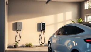 Home EV charger installed in an elegant garage with a modern electric vehicle.