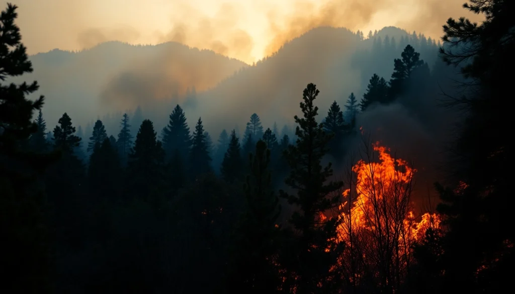 Wildfire events capturing flames and smoke in a dense forest setting.