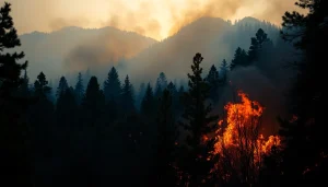 Wildfire events capturing flames and smoke in a dense forest setting.