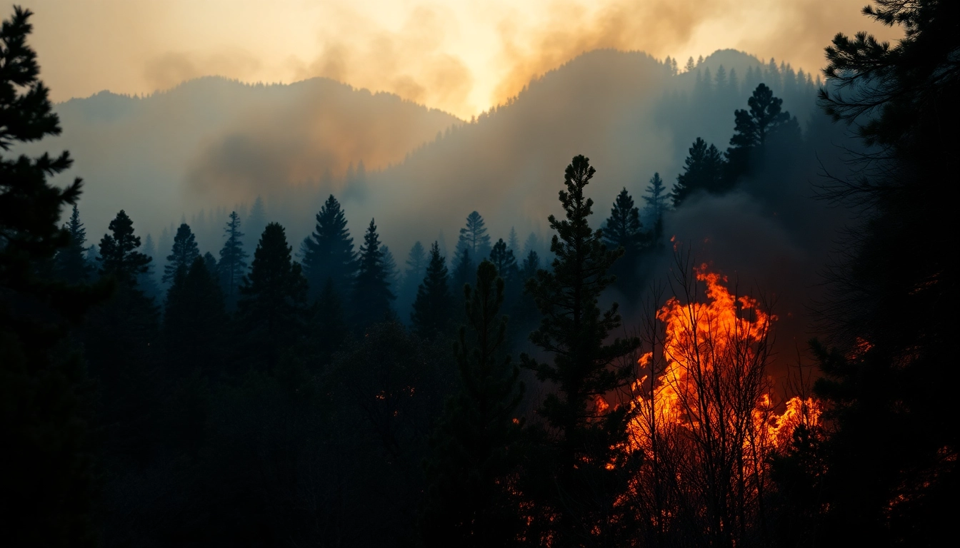 Wildfire events capturing flames and smoke in a dense forest setting.